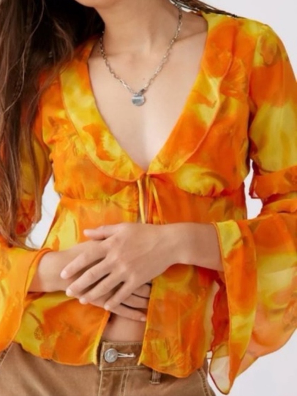 Urban Outfitters Orange & Yellow Sheer Tie-Front Blouse with Bell Sleeves